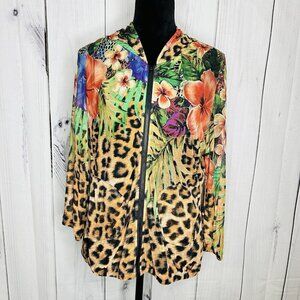 Simon Chang Floral Animal Print Over Mesh Hooded Jacket Size S Full Zip